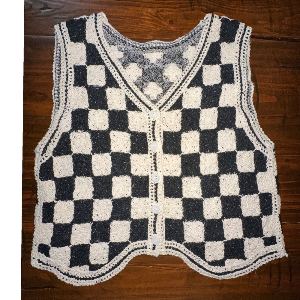 Black Cream Checkerboard Crochet Sweater Vest Knit Button Front Small